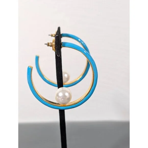 Turquoise Blue Enamel Hoop Earrings Faux‎ Pearl Signed Kenneth Lane - Picture 4 of 10